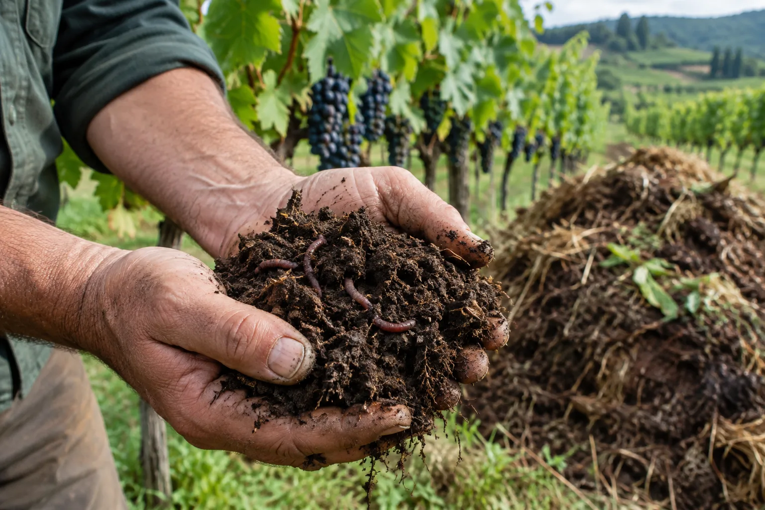 Hænder med levende muldjord i en biodynamisk vingård